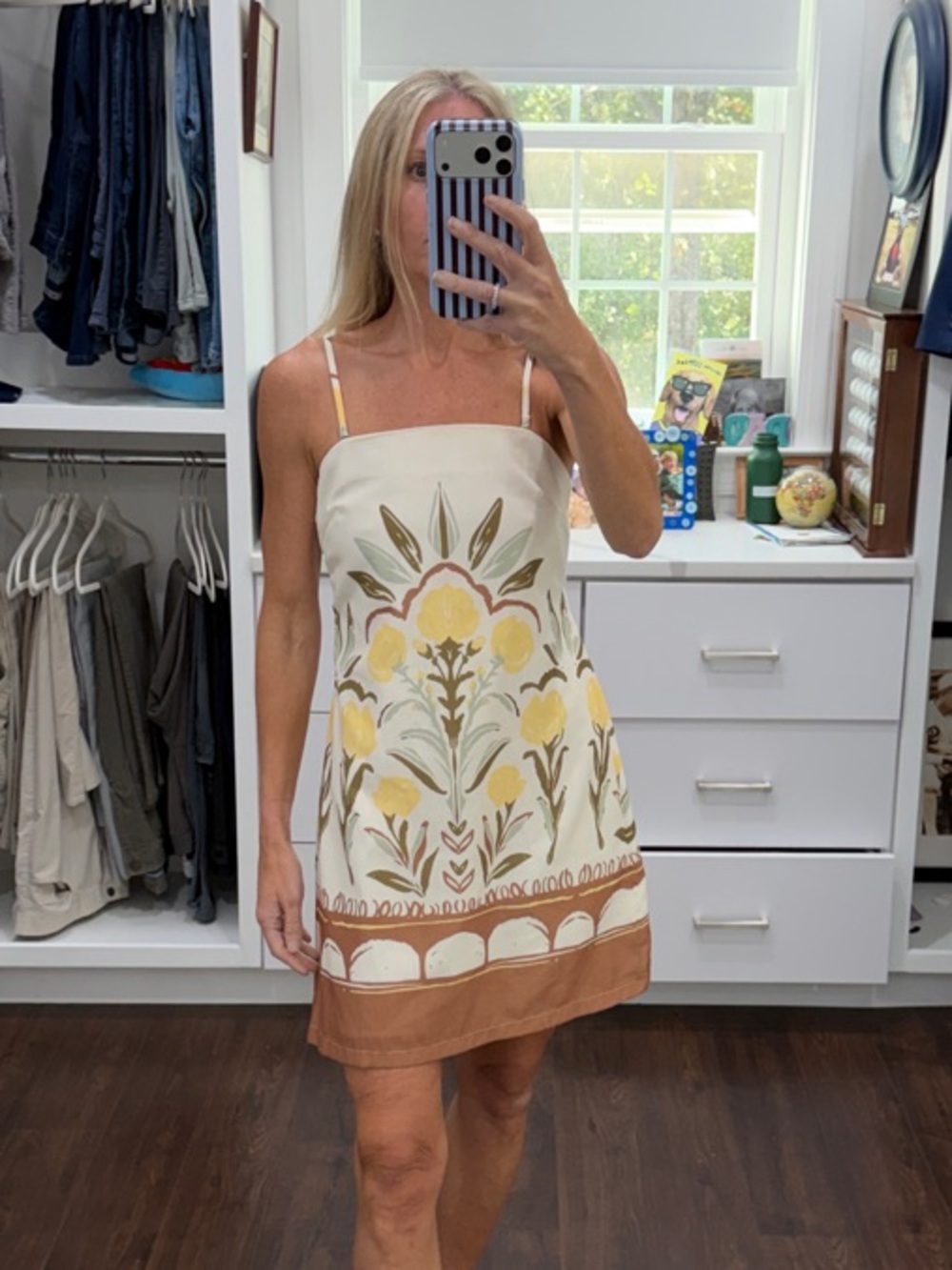 Amazon Cream Mini Dress with Yellow and Brown Floral Print XS